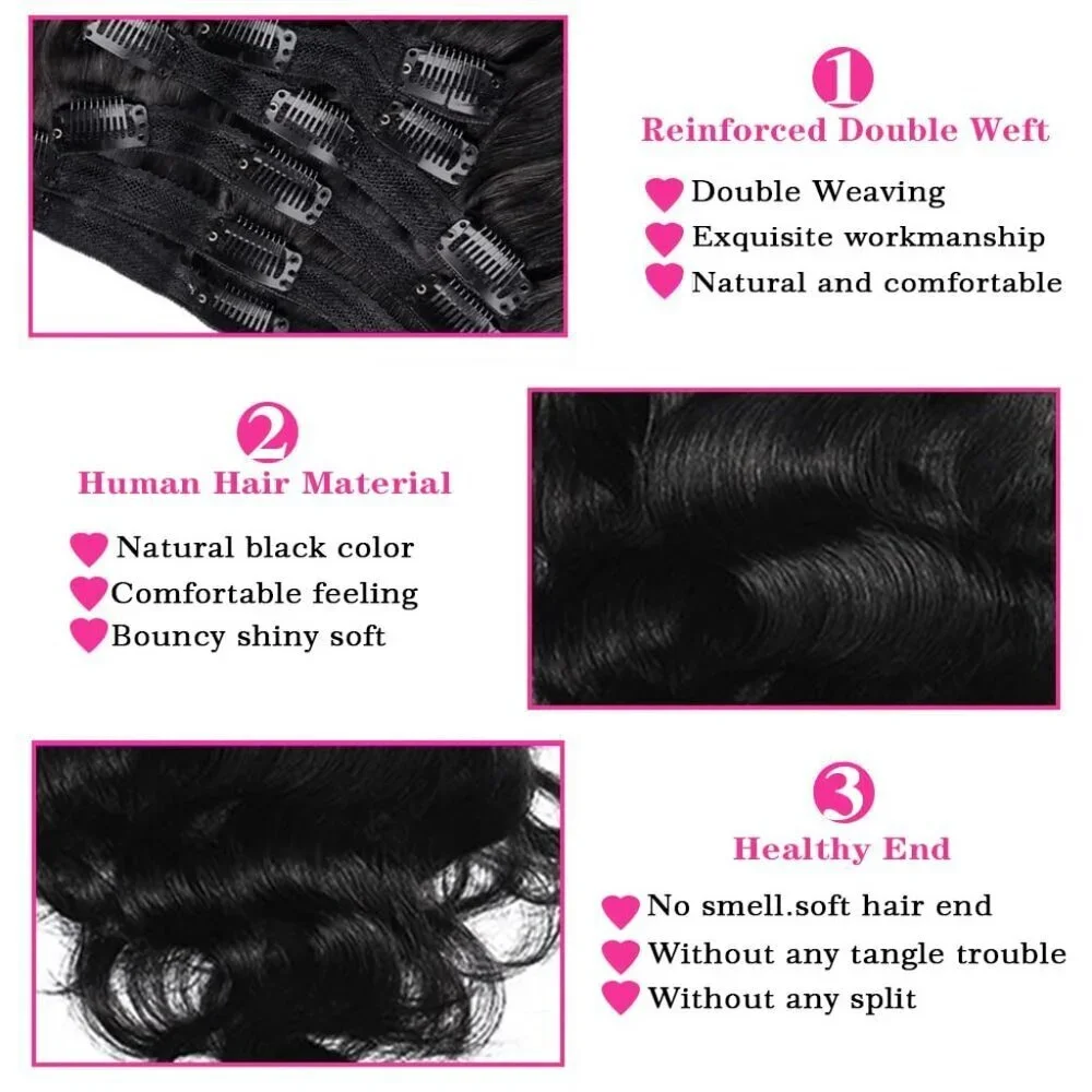 Brazilian Clip in Hair Extensions Human Hair 18 Inches Natural Black